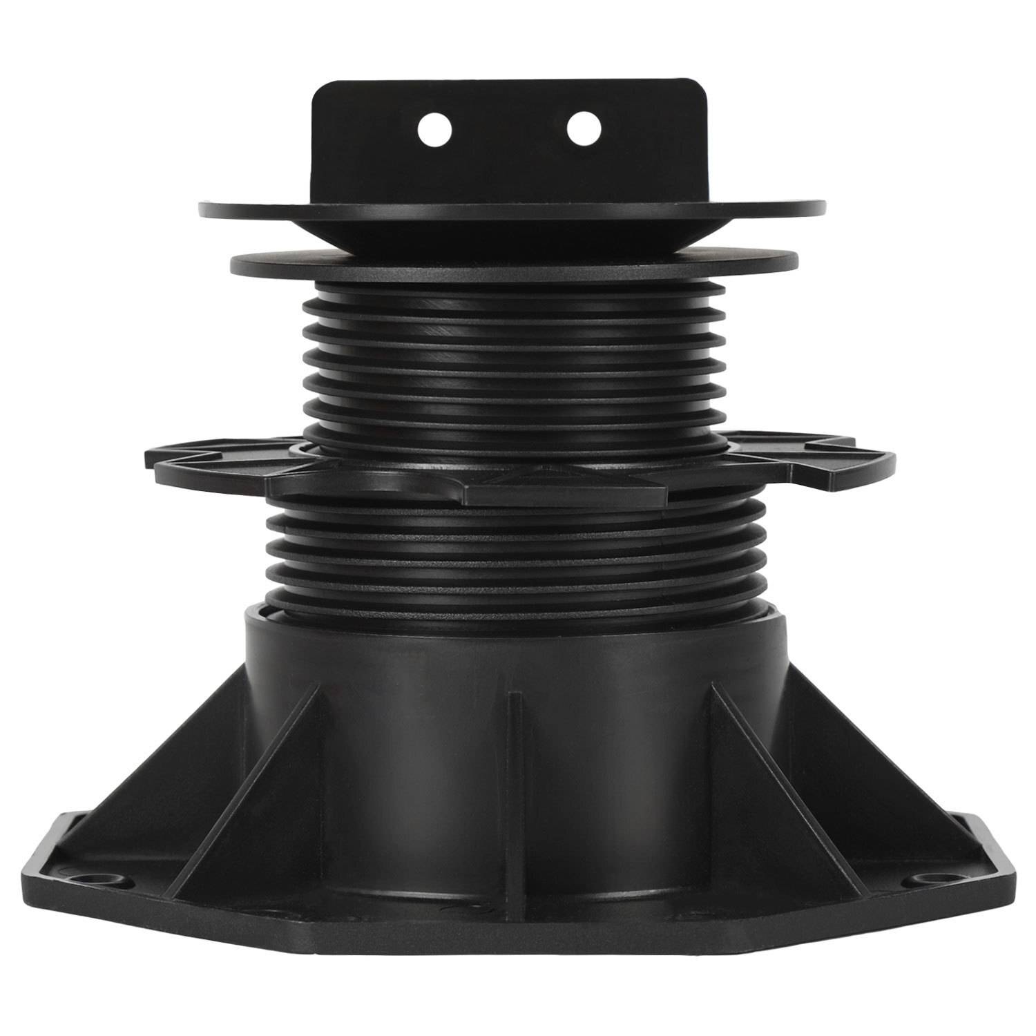 Ein schwarzer verstellbarer Unterstützungspfosten für Decks mit breiter Basis und Gewindeerhöhungsverstellung, verwendet zum Installieren von Decking.