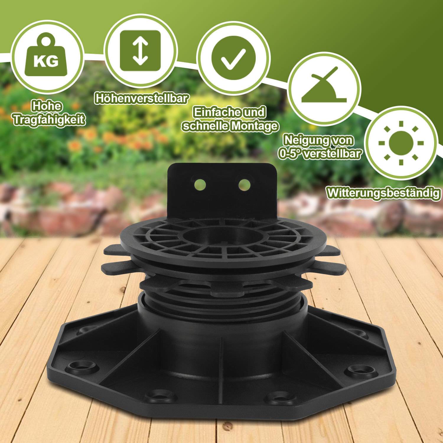 Verstellbarer Sockel mit hoher Tragfähigkeit, einfache Installation und Neigungsverstellung. Der Hintergrund zeigt eine Gartenumgebung.