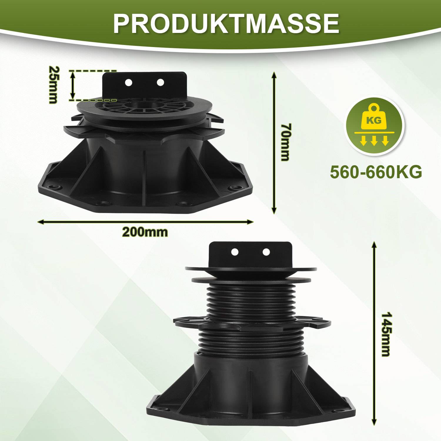 Produktmasse' zeigt zwei Ansichten eines Produkts mit Abmessungen: 25mm oben, 70mm Höhe für eine Ansicht, 560-660KG Gewichtsbereich, und 200mm, 145mm Abmessungen für die andere Ansicht.