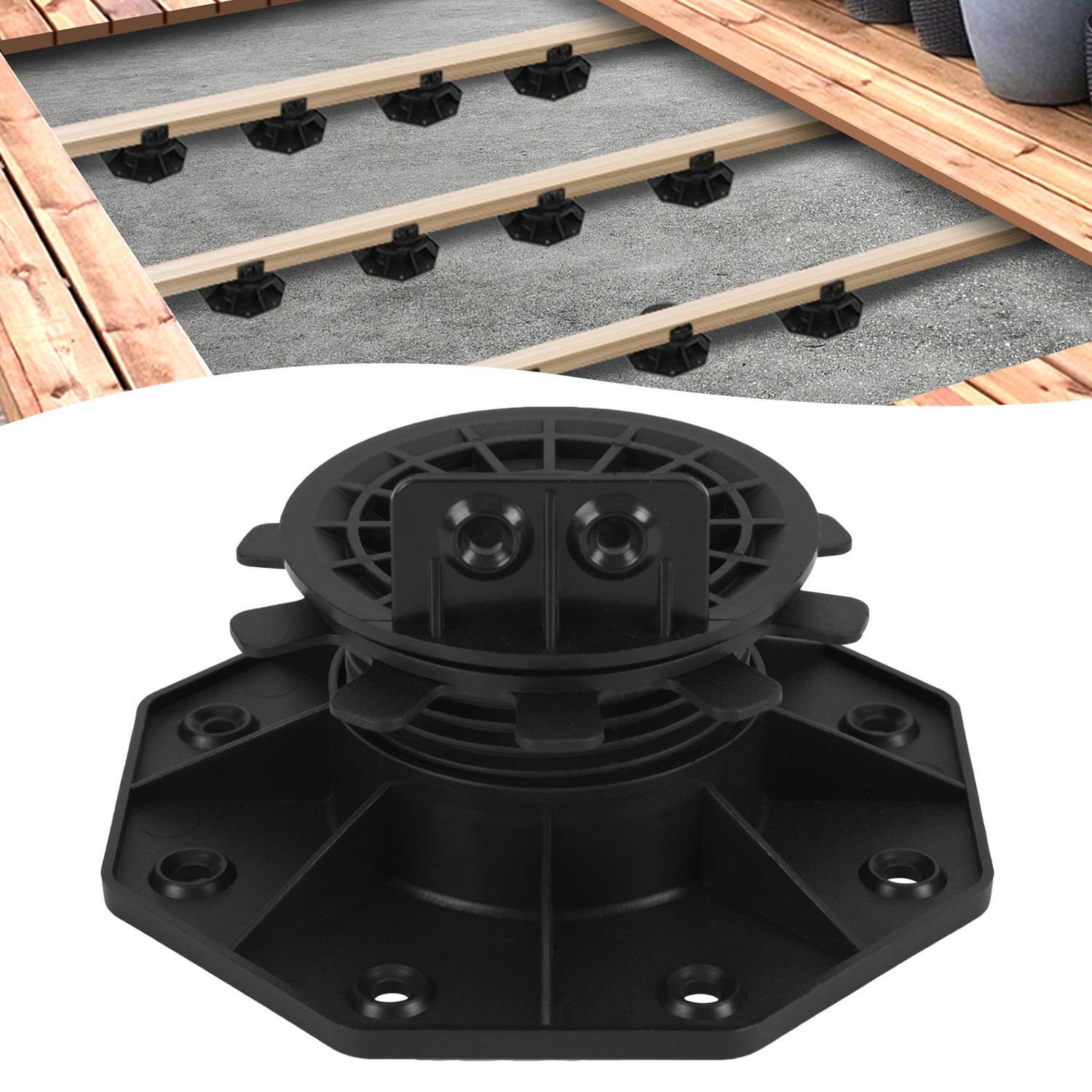 Ein einstellbares Unterlagensystem für Terrassenbelag ist dargestellt, wobei schwarze Kunststoffpodeste unter dem Holzbelag zur Nivellierung installiert sind.