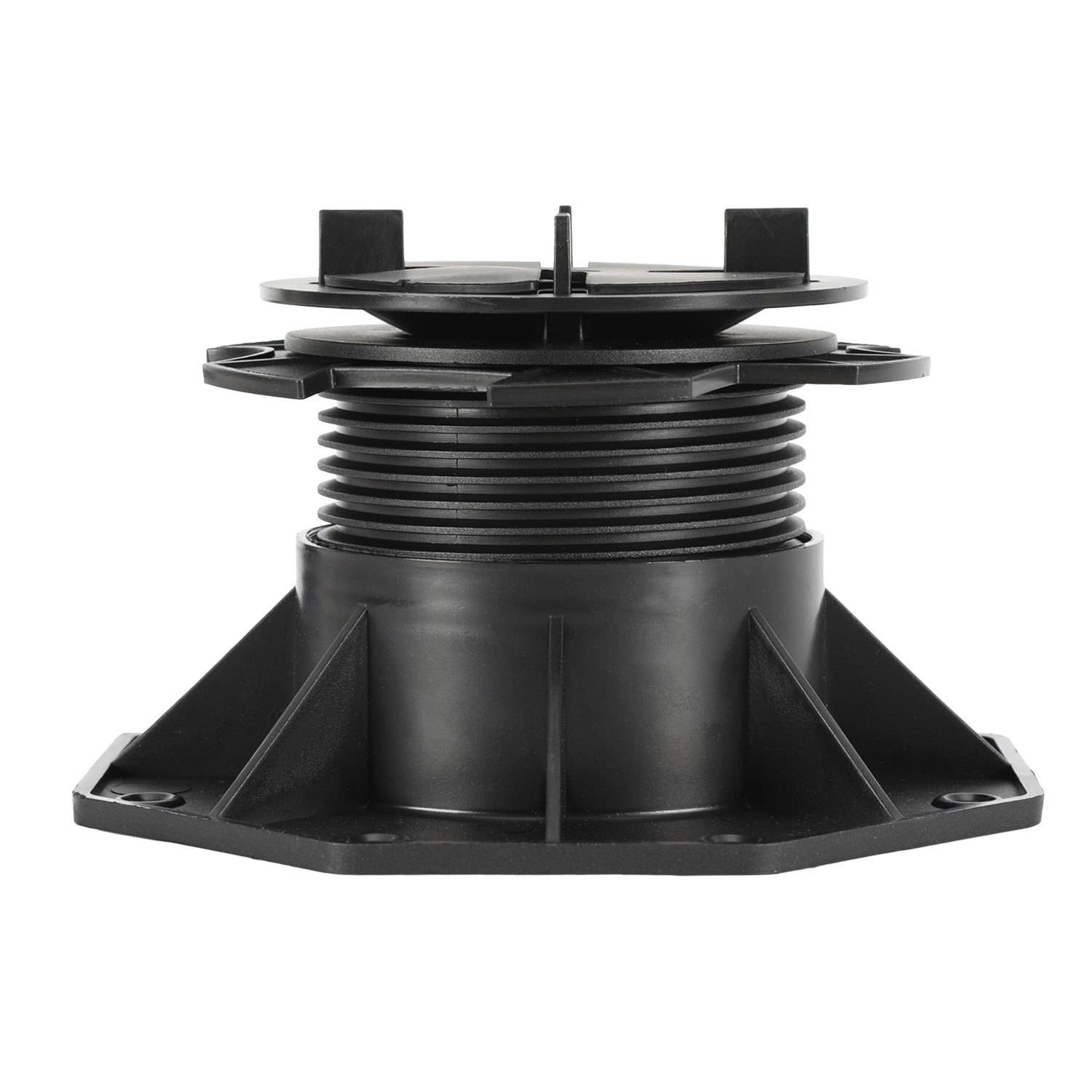 Ein schwarzes verstellbares Podest für Decking und Bodenbeläge, mit breiter Basis und Zentralachse mit Gewinde zur Höhenverstellung.