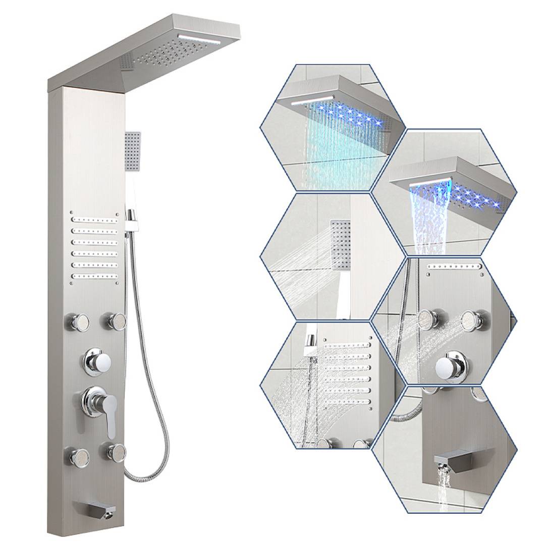 Duschpaneel mit Überkopf-Regenfallbrause, tragbarem Duschkopf und mehreren Wanddüsen. Die Einsätze zeigen Wasserströmungsvariationen und LED-Leuchten.