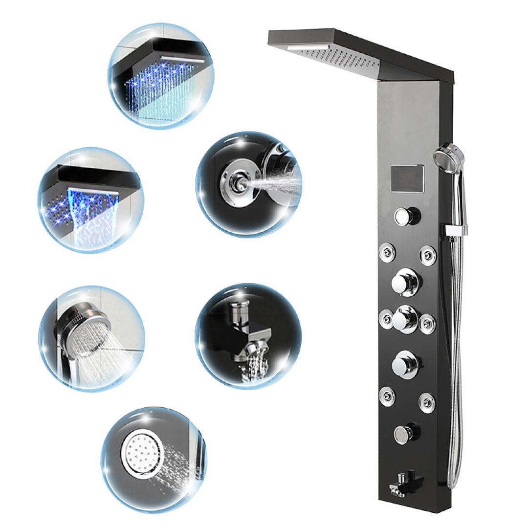Duschablagensystem mit Kopfbrause und Handbrause, mehreren Strahleinstellungen und Temperaturanzeige. Kreisförmige Einsätze zeigen Wasserflussoptionen.