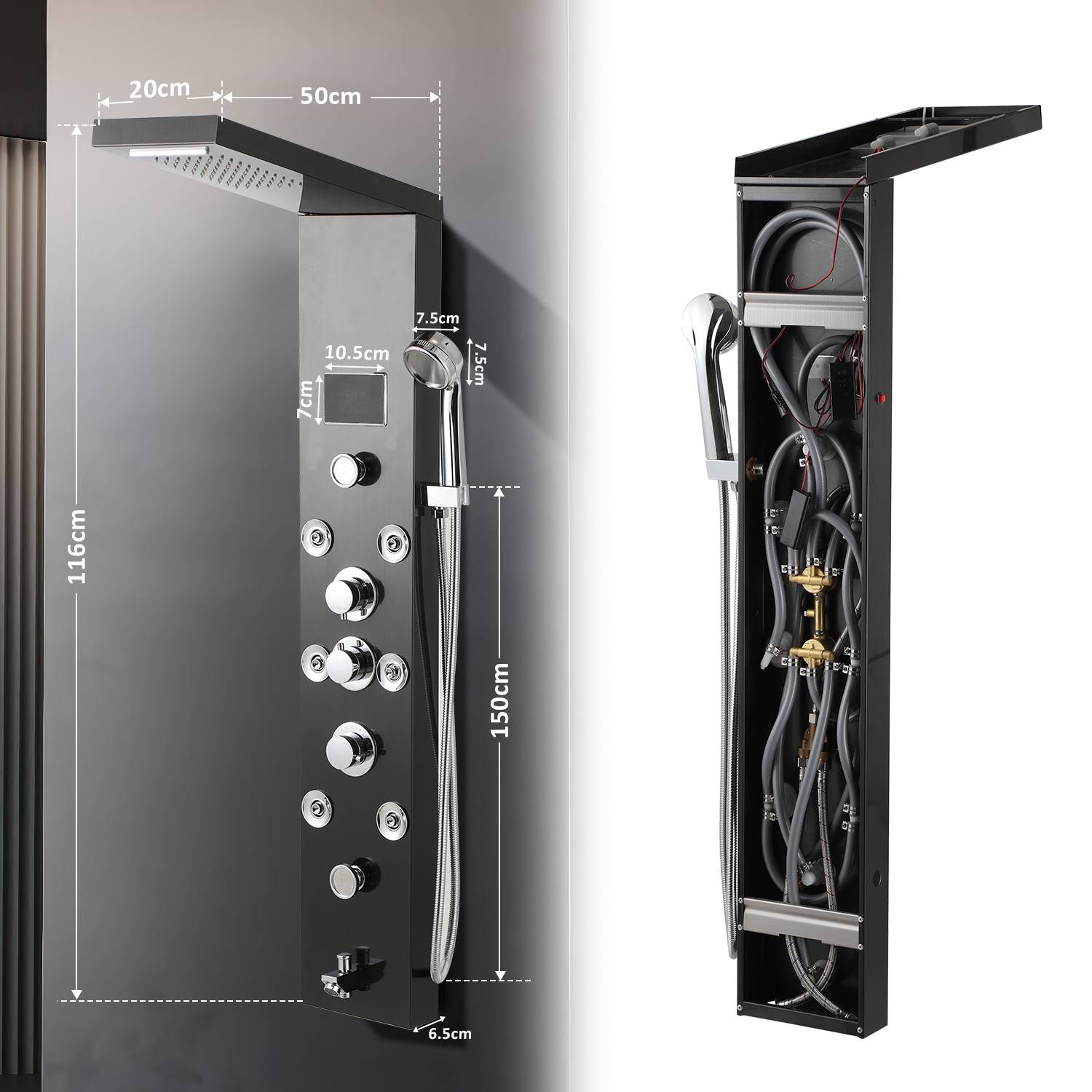 Ein schwarzes Badezimmer-Duschanlagenset mit mehreren Drehreglern und einer Handbrause, Größe 150 cm. Die Abmessungen verschiedener Teile sind gekennzeichnet.