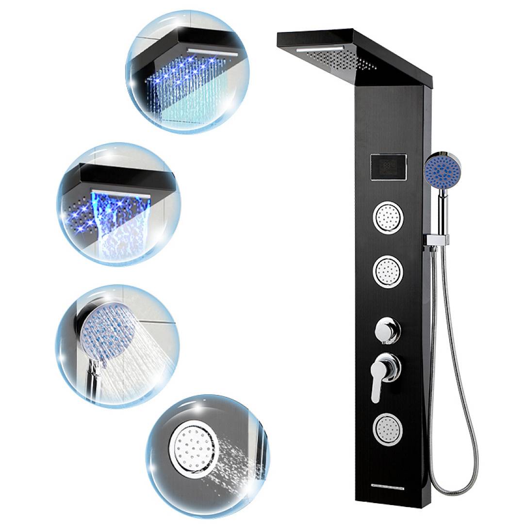 Schwarzes Duschanlagensystem mit LED-Regendusche und Wasserfallduschköpfen, tragbarem Sprühkopf, Badewannenauslauf und Körperdüsen mit modernem Design.