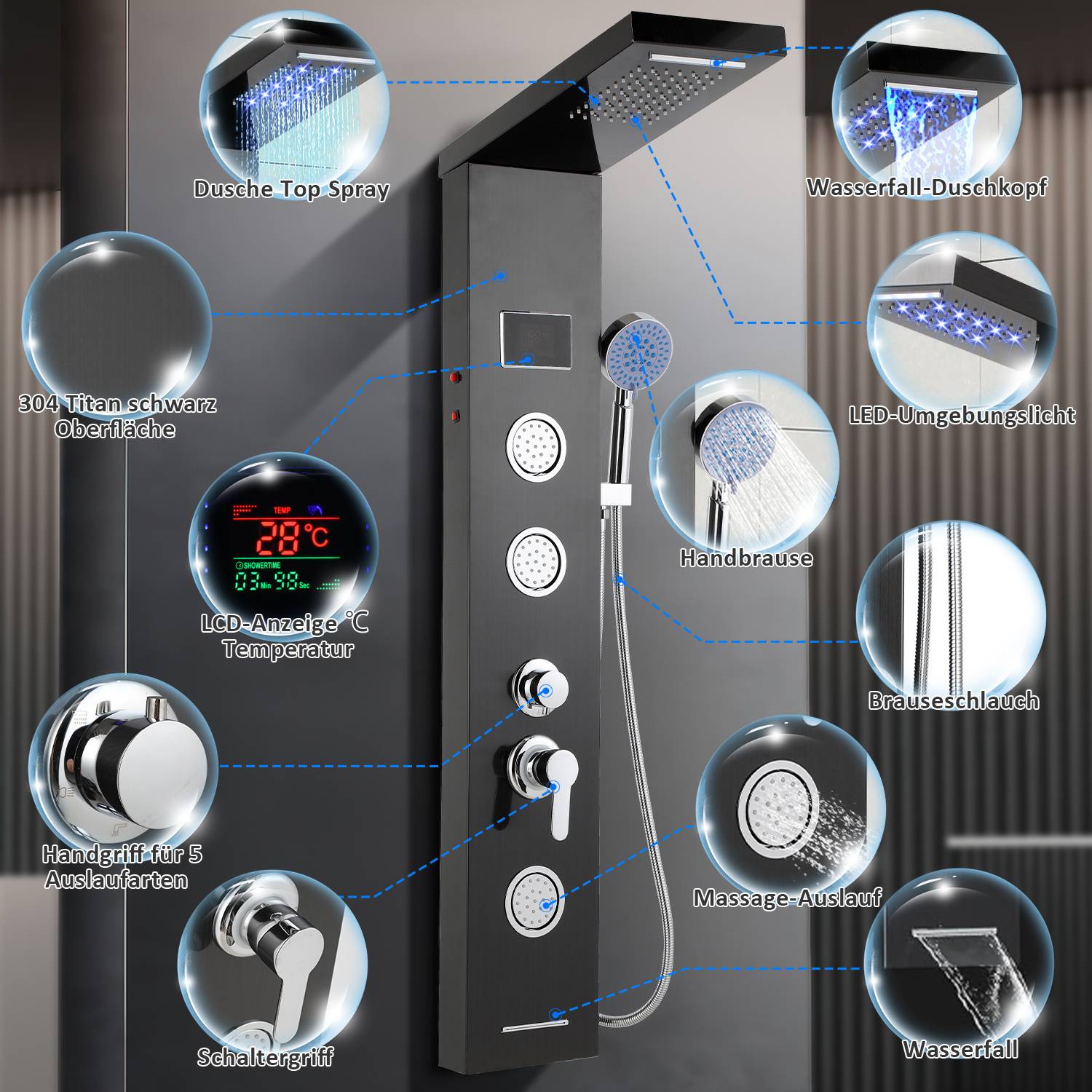Ein schwarzes Duschwagen-System mit LED-Displays, bestehend aus Kopfbrause, Handbrause und Massagedüsen. Mit Temperaturanzeige und verchromten Griffen.