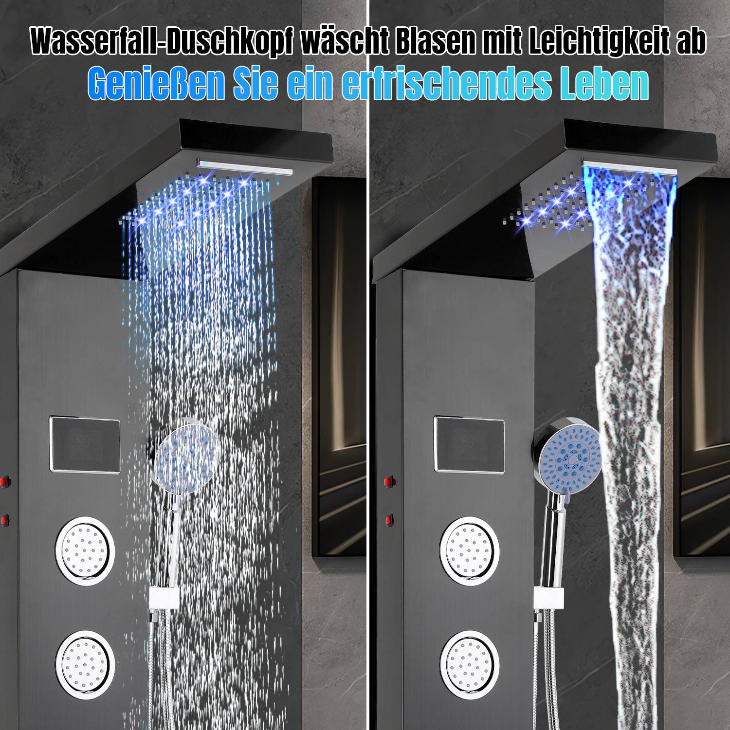 Ein modernes Duschareal mit einem Wasserfall-Duschkopf und LED-Leuchten. Deutscher Text bewirbt ein angenehmes, erfrischendes Duscherlebnis.