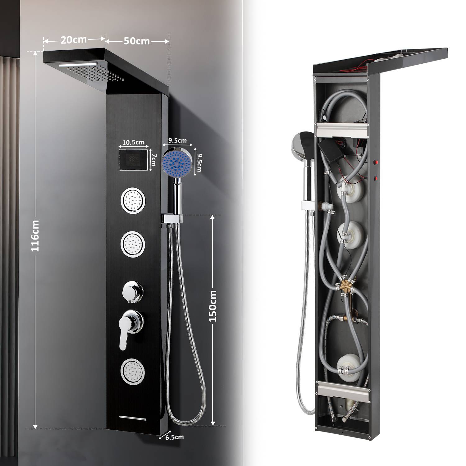 Schwarzes Duschpanel mit digitaler Anzeige, drei runden Knöpfen, einem Handbrausekopf und einer Kopfbrause mit Regenfalleffekt. Innenrohr-Ansicht auf der rechten Seite.