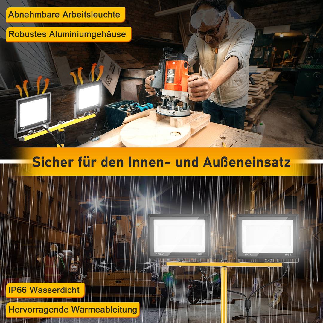 Ein Arbeiter benutzt eine Oberfräsmaschine auf Holz. Zwei helle Arbeitsleuchten werden sowohl in Innen- als auch in regnerischen Außenbereichen gezeigt und heben ihre Langlebigkeit hervor.