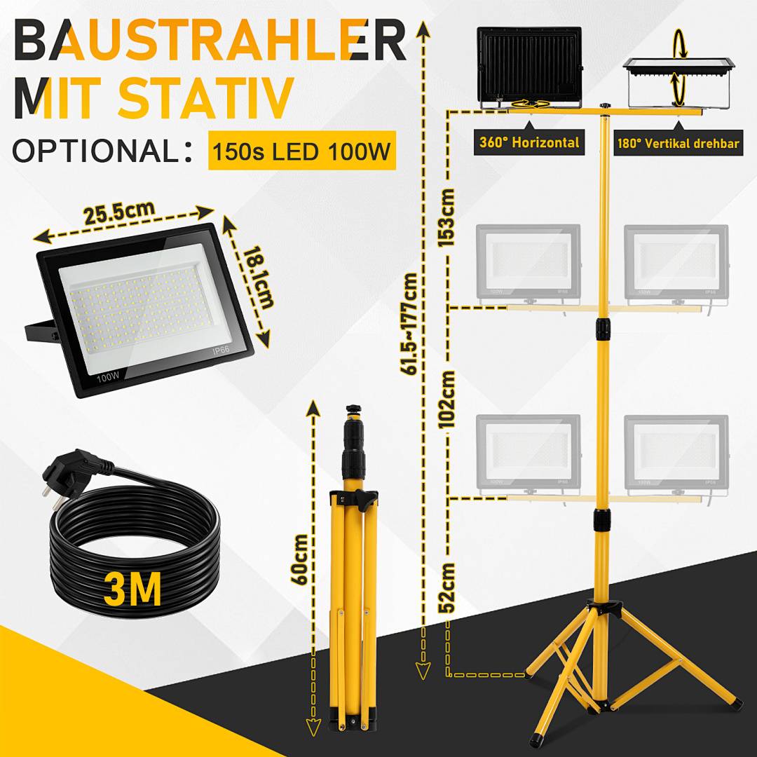 Ein Baustrahler mit Stativ, optional 150s LED 100W, mit 360° horizontaler und 180° vertikaler Drehung, 3m Kabel.
