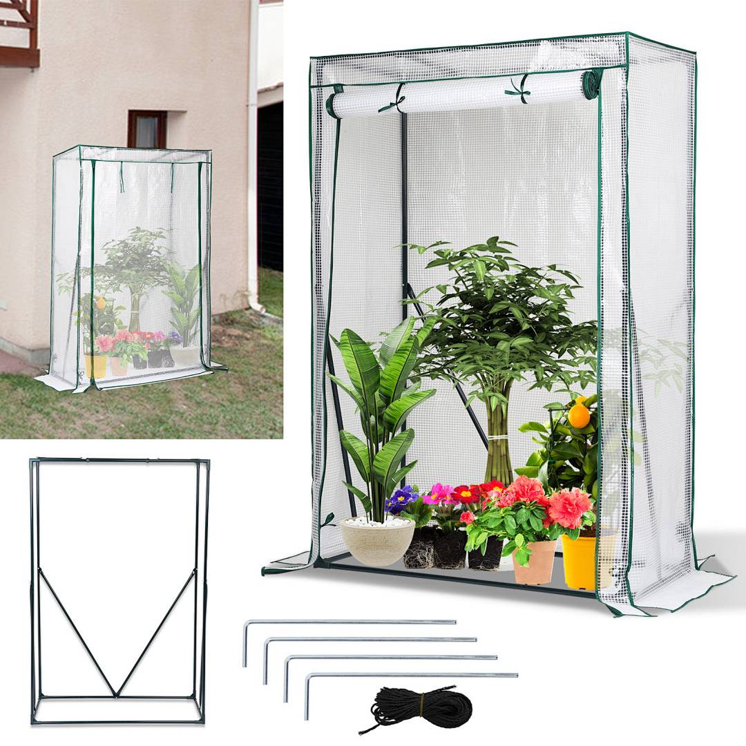 „Ein kleines Gewächshaus mit transparenter Abdeckung, das Topfpflanzen und Blumen präsentiert, aufgestellt außerhalb eines Hauses. Inklusive Rahmen und Zubehör.