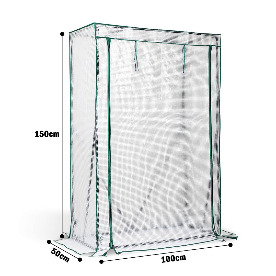 Eine transparente Pflanzentreibhaus-Abdeckung mit Reißverschluss, mit einer Höhe von 150cm, einer Breite von 100cm und einer Tiefe von 50cm, auf einem einfachen Hintergrund.