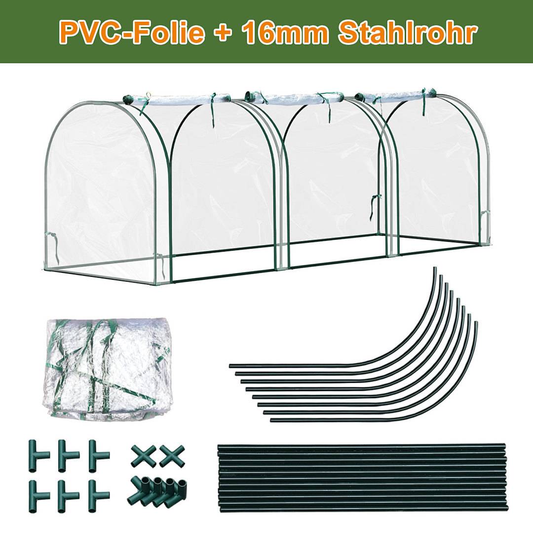 PVC-Folie + 16mm Stahlrohr' über einem Bild eines transparenten PVC-Gewächshaus-Sets mit Stahlrohren, Anschlüssen und einer Abdeckung.