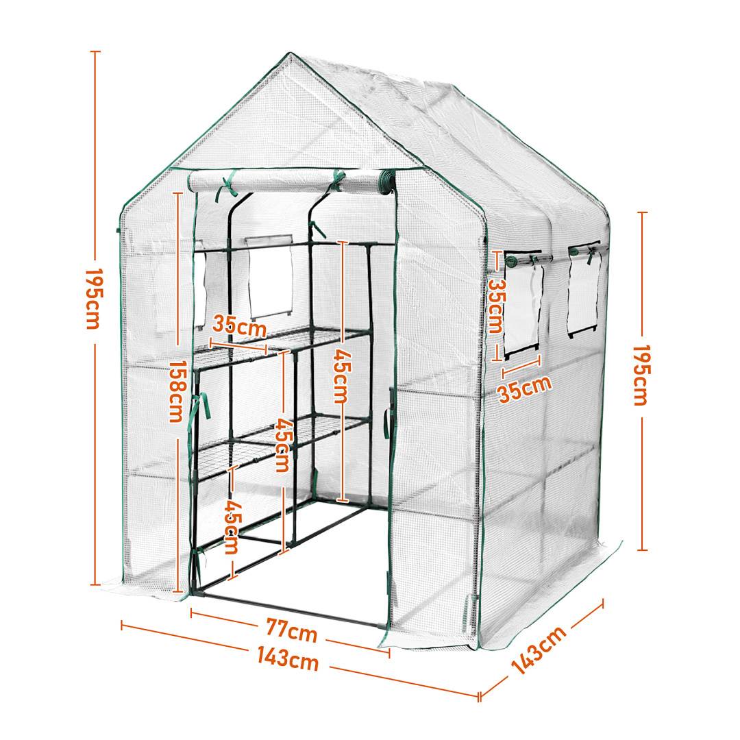 Eine transparente Gewächshausstruktur mit den folgenden Abmessungen: Höhe 195cm, Breite 143cm und Tiefe 143cm. Innere Regalhöhen: 45cm, 158cm.