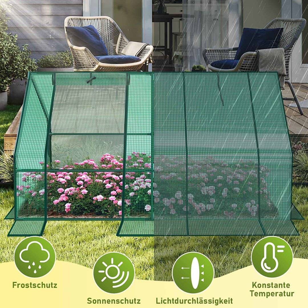 Ein Gewächshaus bedeckt rosa Blumen in einem Garten mit Symbolen darunter, die Frostschutz, Sonnenschutz, Lichttransmission und konstante Temperatur anzeigen.