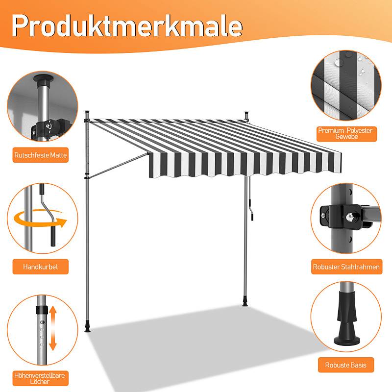 Das Bild zeigt ein einfahrbares Markisensystem mit gekennzeichneten Merkmalen: 'Handkurbel', 'Rostfreier Stahlrahmen', 'Premium-Polyesterstoff', 'Verstellbare Höhe'.