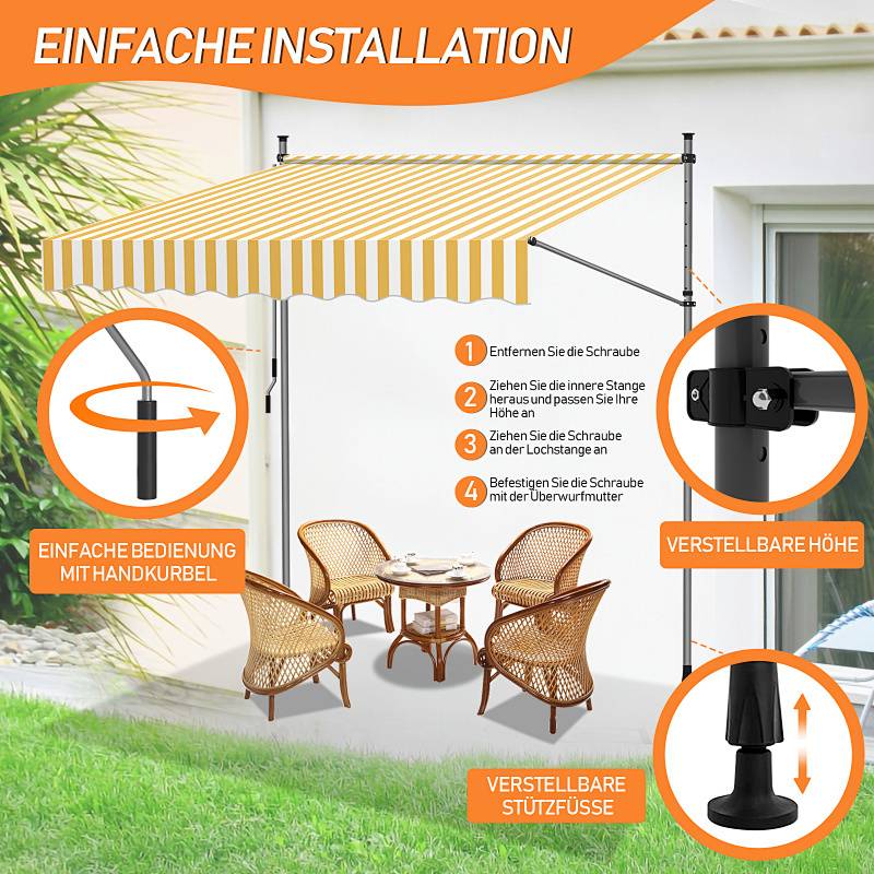 # Einziehbare Markise über einem Terrassenmöbel installiert. Merkmale: einfache Handkurbel, verstellbare Höhe und Ausgleichsfüße. Text lautet „Einfache Installation