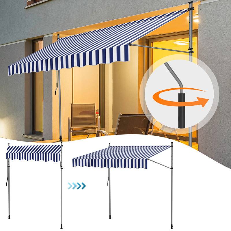 Ein blau-weiß gestreiftes Markisendach an einem Gebäude beschattet eine Terrasse mit einem gepolsterten Stuhl. Eine Einblendung zeigt einen Handkurbelmechanismus.
