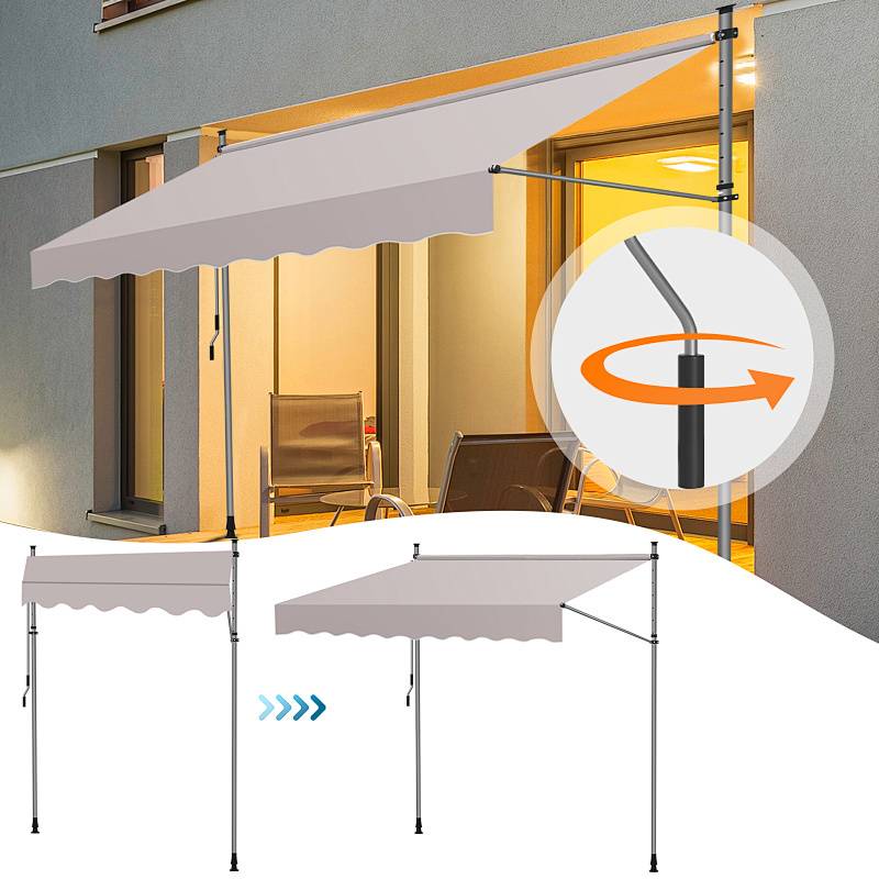 Ein beiges ausfahrbares Markisensystem ist über einer Terrassentür angebracht und zeigt sowohl die ausgefahrene als auch die eingezogene Position. Ein Pfeil weist auf die manuelle Bedienung hin.