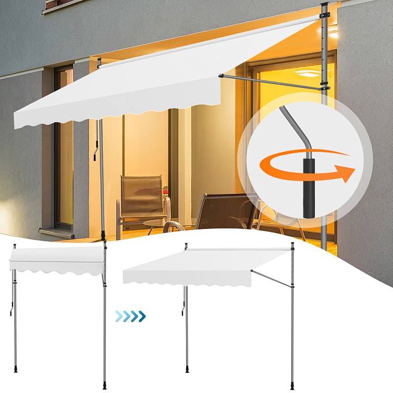 Eine einziehbare Markise mit Handkurbel ist über einer Terrassentür montiert und spendet Schatten für einen Außenbereich mit Stühlen.