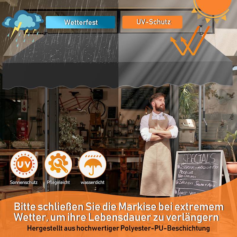 Eine Anzeige für eine wetterfeste und UV-geschützte Markise. Icons deuten auf Sonnenschutz, einfache Pflege und Wasserfestigkeit hin. Anweisungen unten empfehlen, die Markise bei extremem Wetter einzufahren.