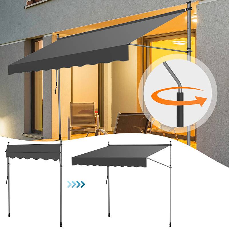 Ausfahrbare Markise auf einem Wohnbalkon installiert, dargestellt in ausgefahrenem Zustand für Schattenspendung. Die Vergrößerung zeigt die Verwendung des Griffs zur Verstellung.