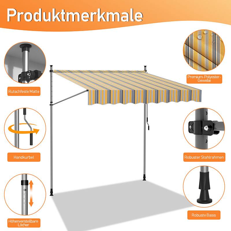 Verstellbares Außenvordach-Diagramm mit folgenden Funktionen: rutschfeste Matte, Handkurbel, höhenverstellbare Löcher, Stahlrahmen, Polyesterstoff.