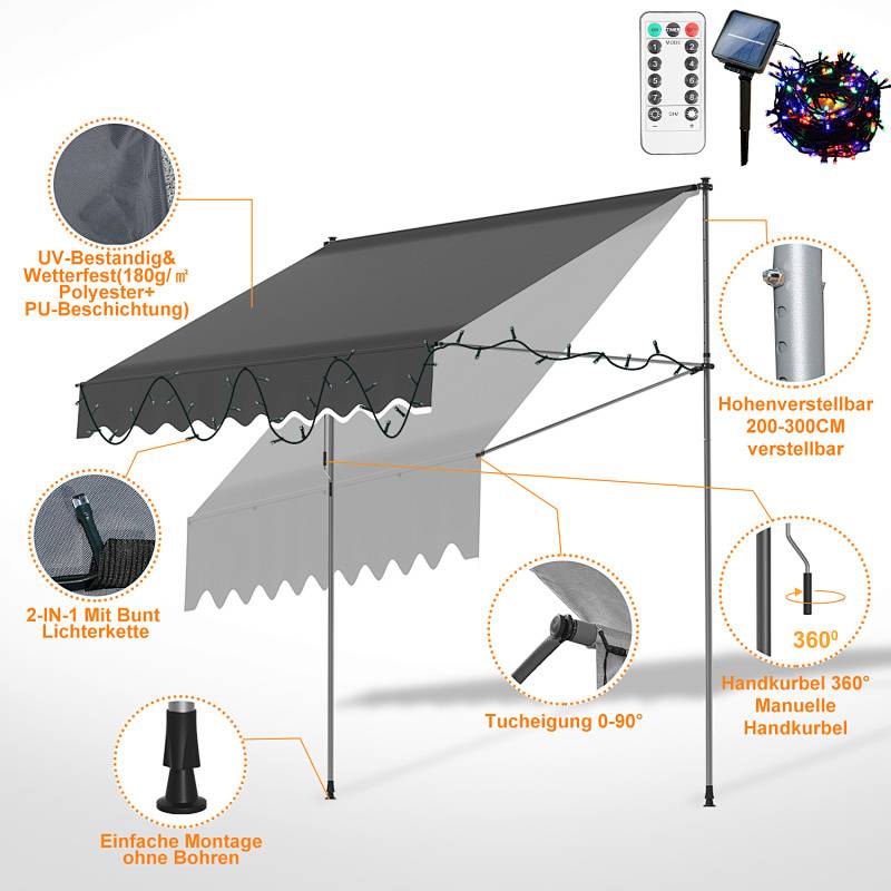 Ein Baldachin mit verstellbarer Höhe und Neigungsfunktion, gestützt durch Pfosten, bietet UV-Schutz und ist mit einem ferngesteuerten LED-Lichtstreifen ausgestattet.