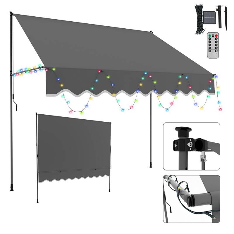 Eine ausfahrbare Markise mit LED-Leuchten, ausgestattet mit Seitenpaneelen und einer Fernbedienung. Einsätze zeigen Poldetails und Lichtverbindungen.