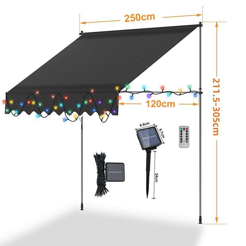 Outdoor-LED-Lichterketten mit Solarenergie werden unter einer schwarzen Markise gezeigt. Abmessungen: 250 cm breit, 211,5–305 cm hoch.