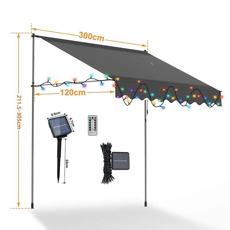 Eine Außenmarkise mit LED-Lichtern, Abmessungen gekennzeichnet (300cm x 120cm x 211-305cm), einschließlich Fernbedienung, Solarpanel und Heringe.