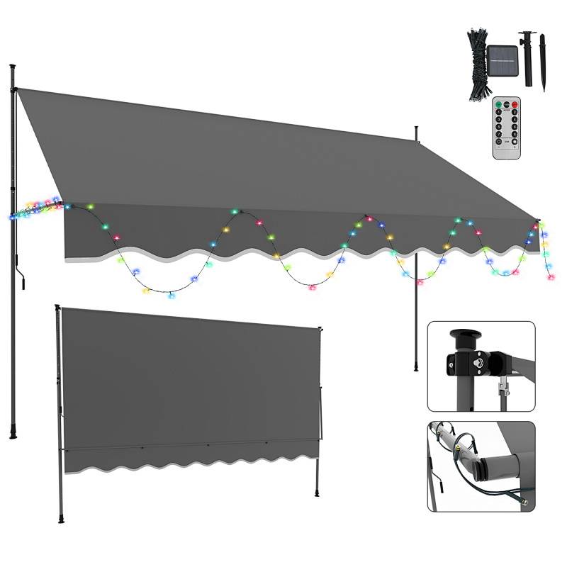 Ausfahrbare graue Markise mit farbigen LED-Leuchten und Fernbedienung. Enthält Abbildungen, die Aufbaumerkmale und Komponenten zeigen.
