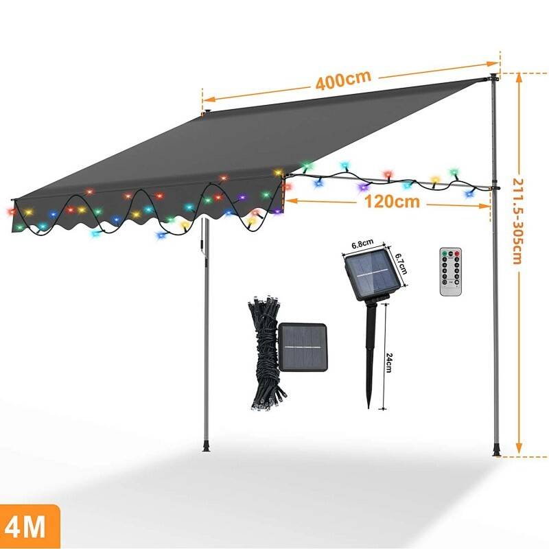 Außenmarkise mit Solarstring-Leuchten. Abmessungen: 4 m breit, verstellbare Höhe 211,5-305 cm. Inkl. Solarpanel und Fernbedienung.