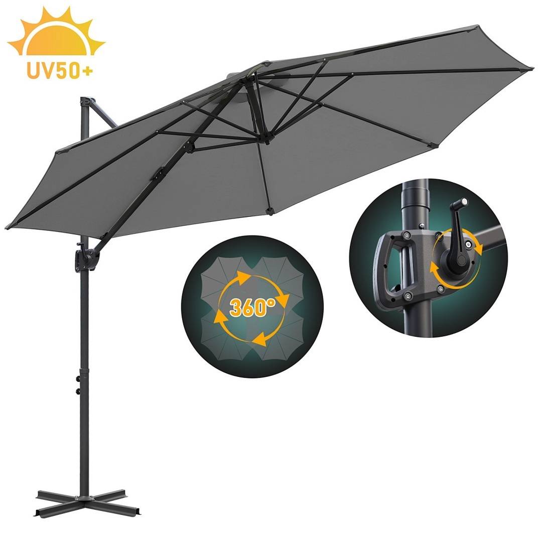 Ein großer Außenschirm mit UV50+-Schutz, der eine 360-Grad-Drehung zeigt, dargestellt durch ein Diagramm und eine Nahaufnahme des Kurbelgriffs.