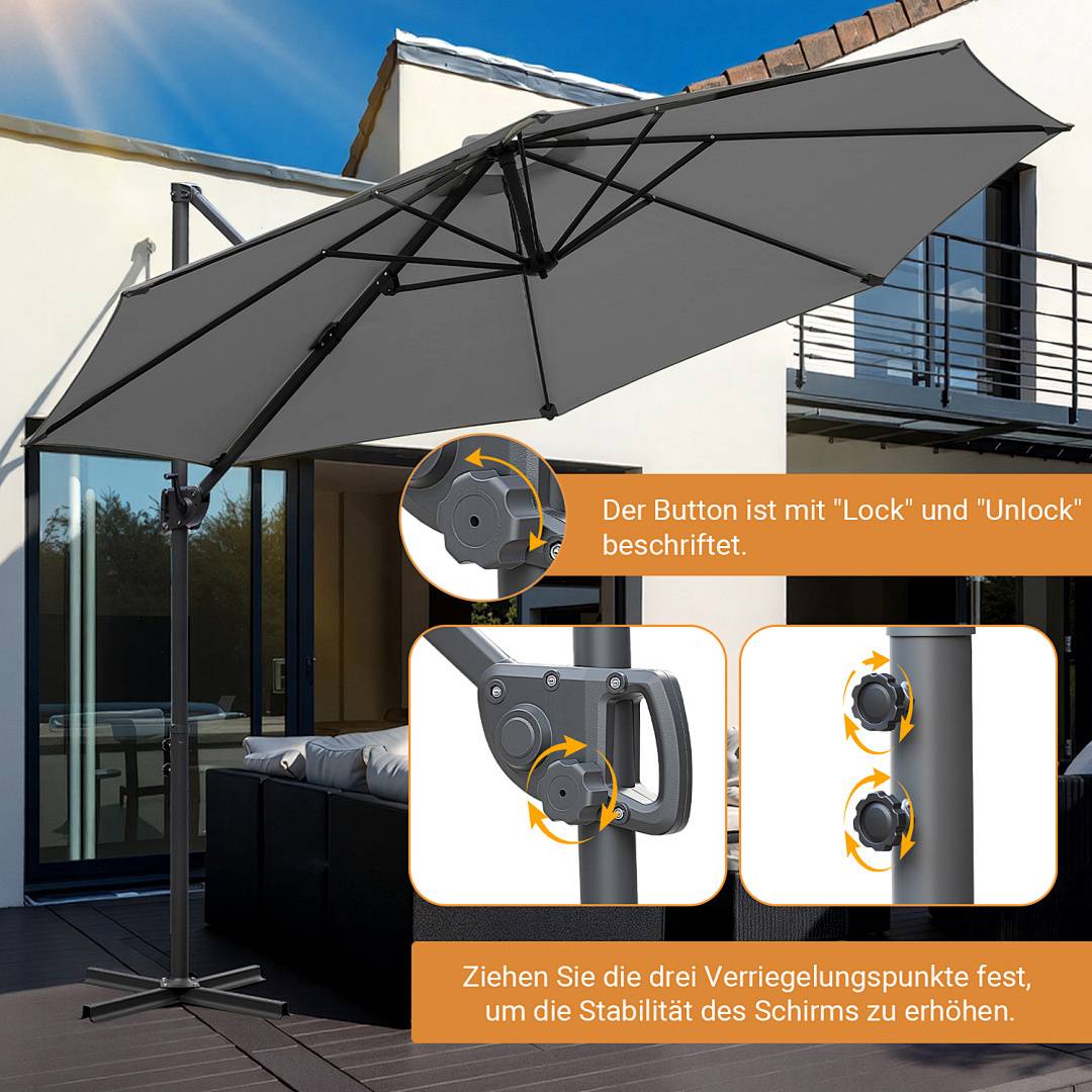 Großer grauer Terrassenschirm auf einem sonnigen Balkon. Einschübe zeigen eine Nahaufnahme des Verriegelungsmechanismus mit Text, der eine Schaltfläche „Sperren