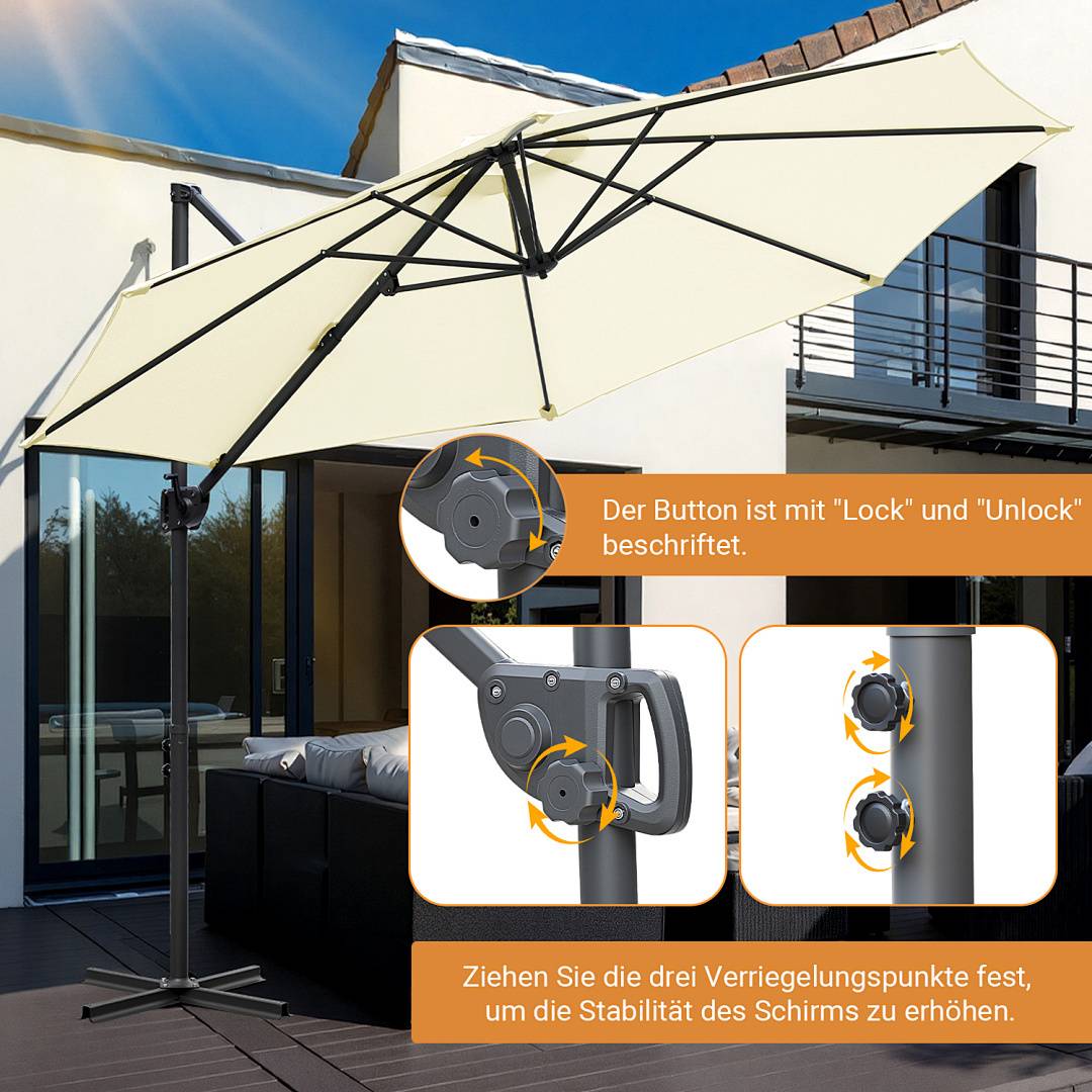 Ein Terrassenschirm mit Verriegelungsmechanismus. Die Anleitung zeigt, wie man ihn zur Stabilität verriegelt (
