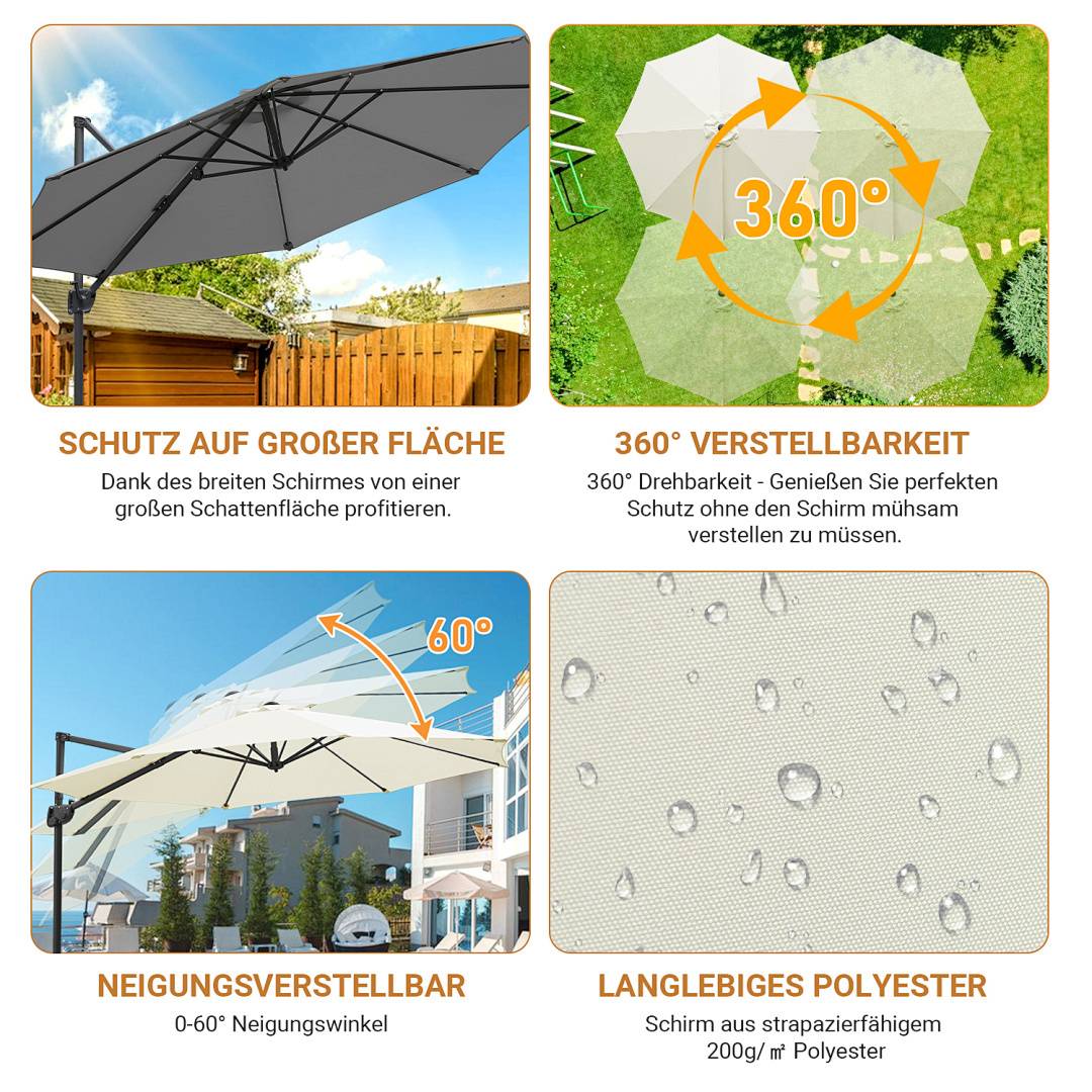 Vier Bilder eines großen verstellbaren Außenschirms. Oben links: Schirm spendet Schatten auf einer Terrasse. Oben rechts: zeigt 360°-Verstellbarkeit an. Unten links: 0-60° Winkelverstellung. Unten rechts: Stoffhaltbarkeit mit Wassertropfen dargestellt. Text auf Deutsch beschreibt die Merkmale.