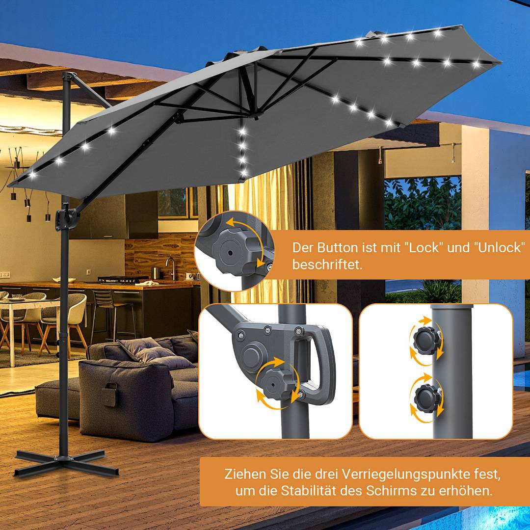 Ein Terrassenschirm mit LED-Lichtern steht offen auf einer Terrasse. Einsatzbilder zeigen einen Verriegelungsmechanismus mit den Beschriftungen „Verriegelung