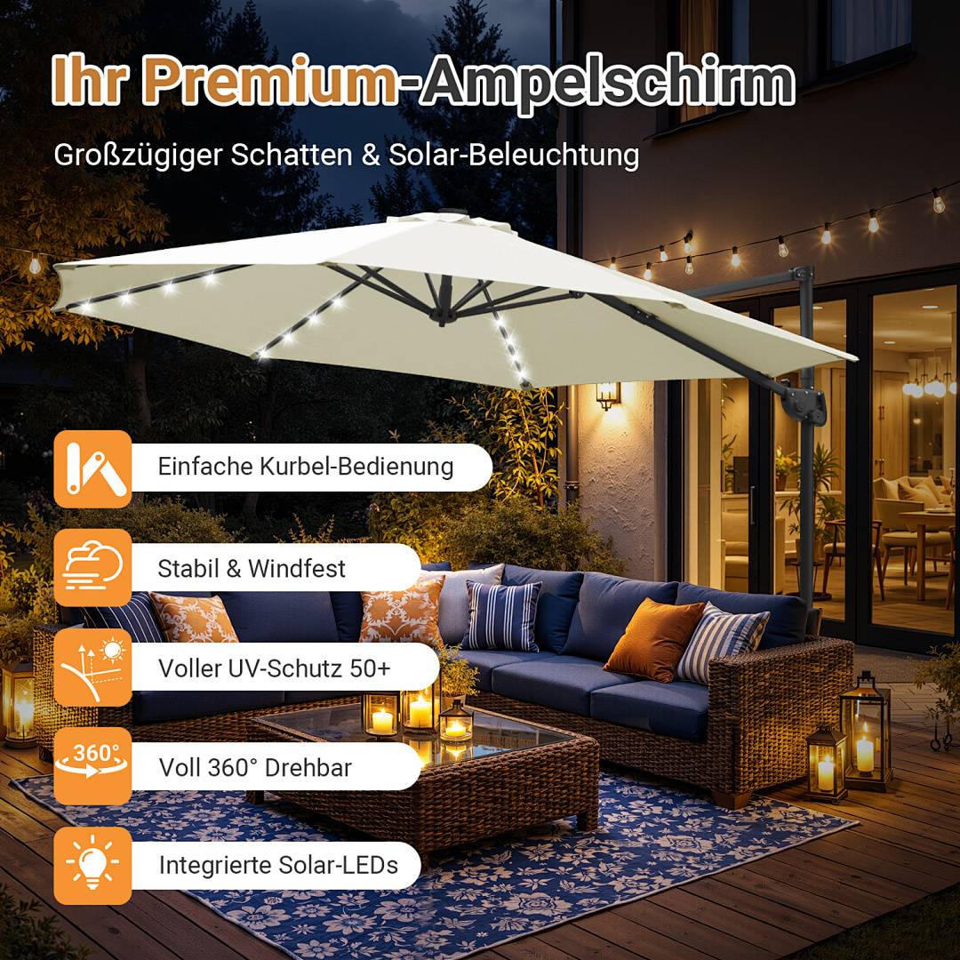 Ein großer Terrassenschirm mit solarbetriebenen LED-Leuchten bietet Schatten über Gartenmöbeln. Aufgelistete Funktionen: einfache Handkurbel, stabil, UV-Schutz, 360°-Drehung.