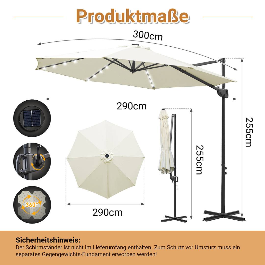 Produktmaße': Großer beiger Sonnenschirm mit Abmessungen: 300cm Spannweite, 290cm Breite, 255cm Höhe. Solarpanel, zusammengeklappte Schirmansicht, 360°-Rotationsfunktion dargestellt.