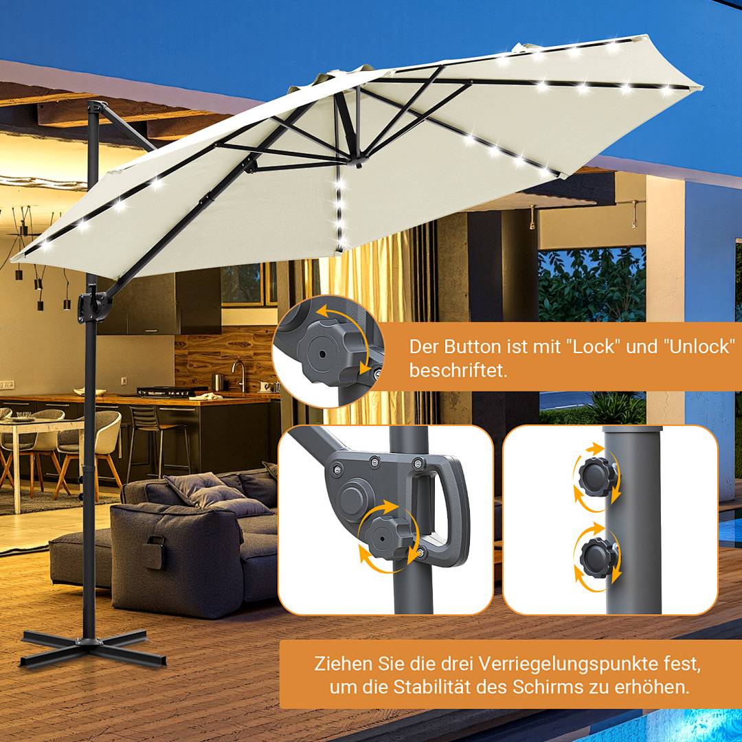Terrasse mit großem weißem Regenschirm, verstellbarem Arm und LED-Leuchten. Nahaufnahmen zeigen Anweisungen für die Schaltflächen „Verriegelung