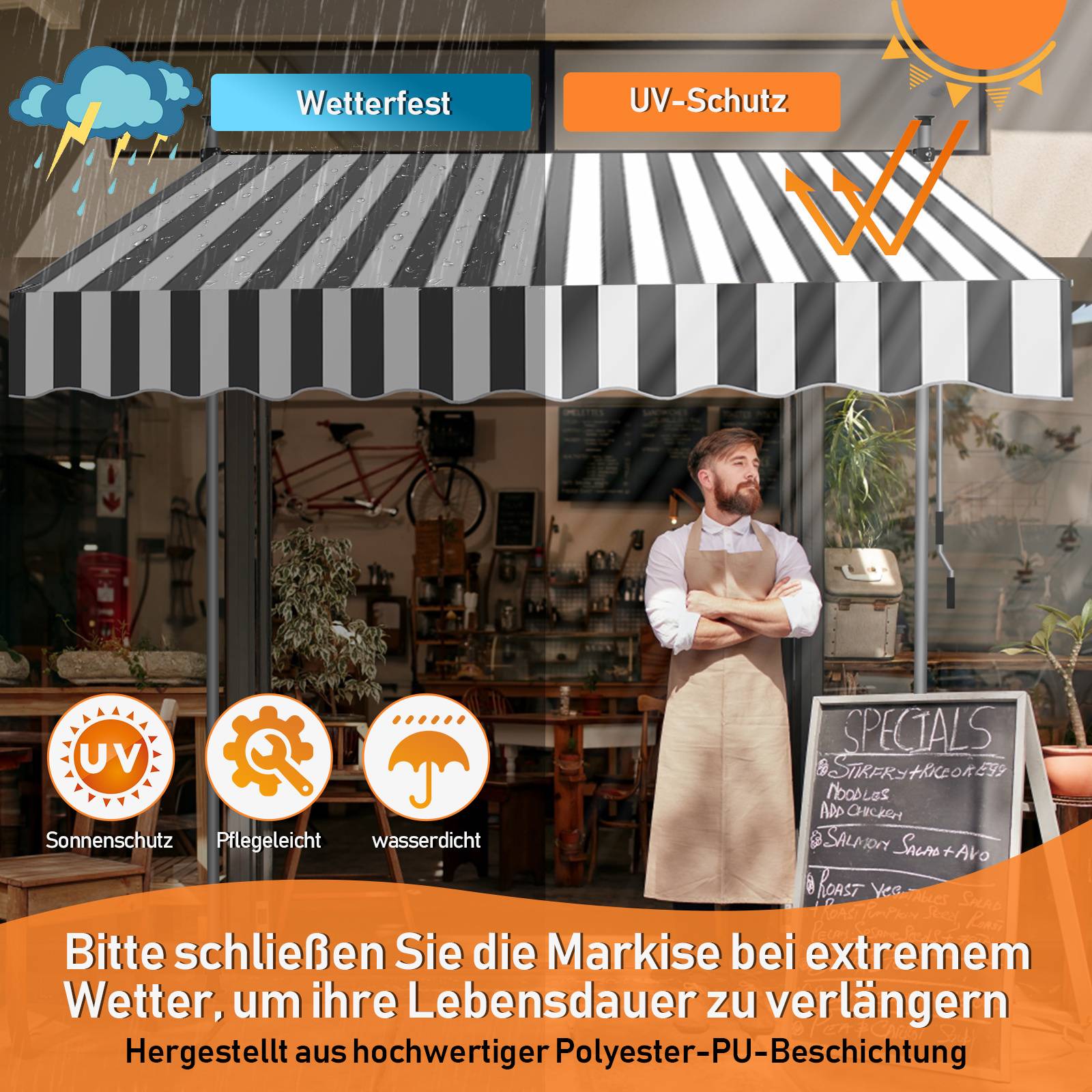 Ein gestreifter Markisenstoff mit UV- und Wetterschutzfunktionen bedeckt ein Café. Symbole heben UV-Schutz, einfache Pflege und wasserdichte Eigenschaften hervor.