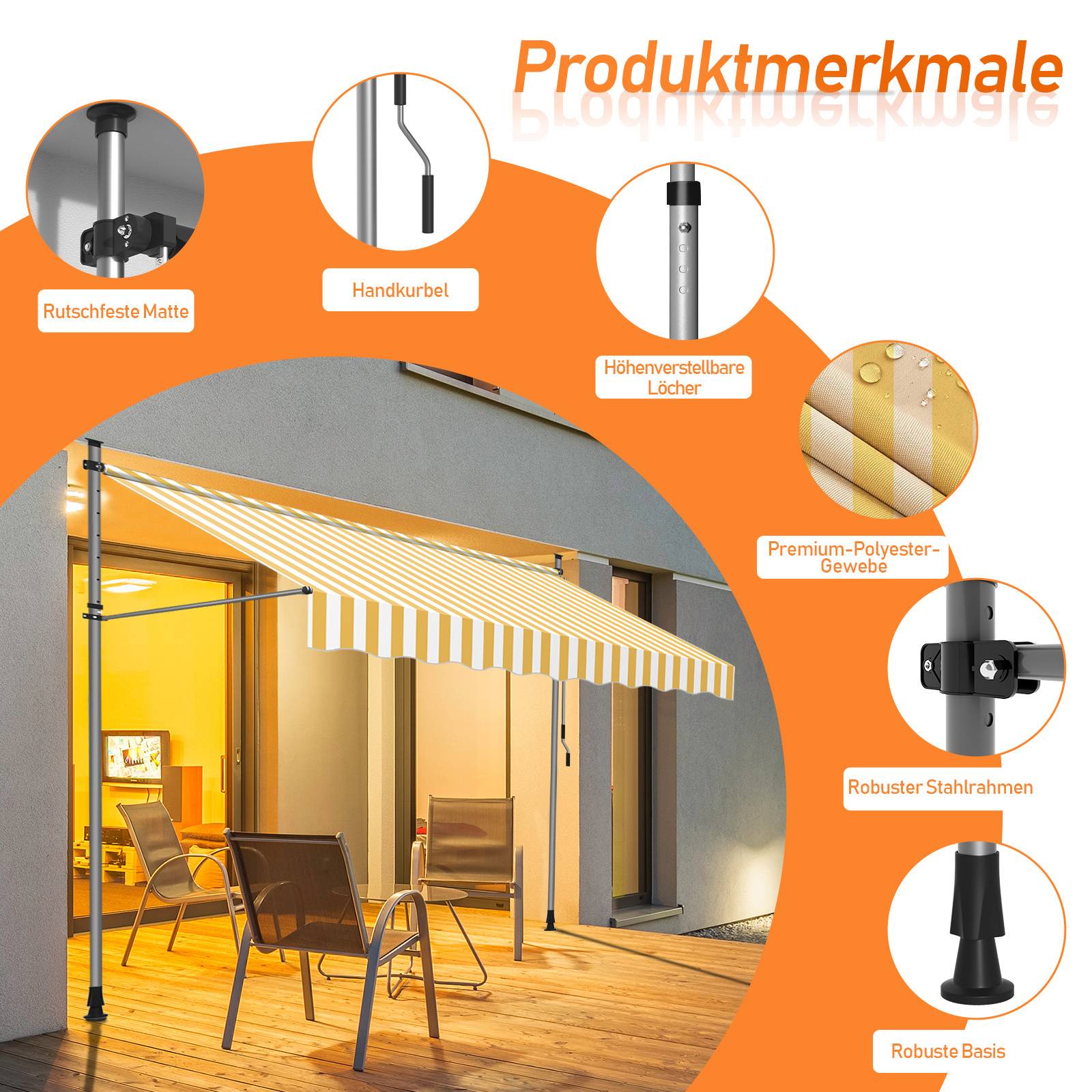 Einziehbare gestreifte Markise auf einer modernen Terrasse mit orangefarbenen Stühlen. Zu den Merkmalen gehören verstellbare Leuchten, robuste Basis, Stahlrahmen, Kurbelbedienung.