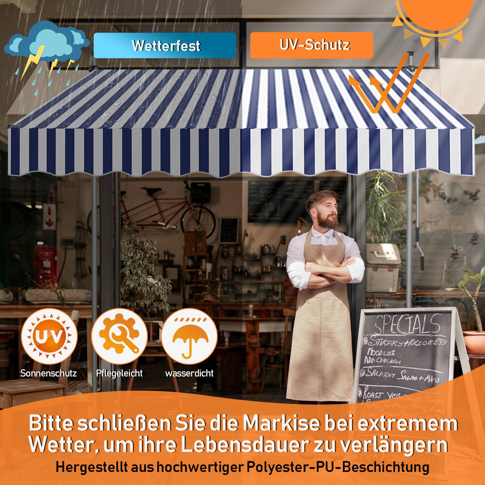 Eine gestreifte Außenmarkise mit UV-Schutz und wetterfesten Eigenschaften wird gezeigt. Symbole veranschaulichen die Vorteile von UV-Schutz, Langlebigkeit und Wasserbeständigkeit.