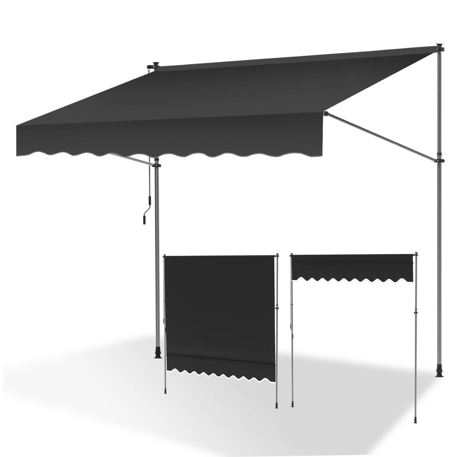 Ein schwarzes einfahrbares Markisendach mit gewelltem Rand, gestützt durch Metallpfosten, wird zusammen mit passenden Seiten- und Frontpaneelen ausgestellt.