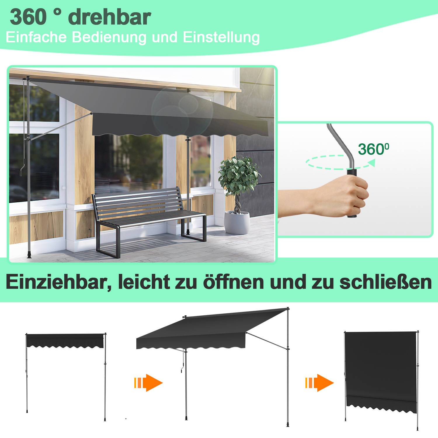 Einziehbare Markise mit um 360 Grad drehbarem Griff für einfache Bedienung. Abbildung zeigt Markise über einer Bank und grüner Pflanze in der Nähe.