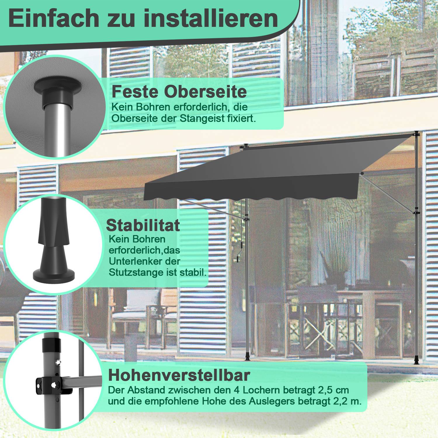 Markise Klemmmarkise Balkonmarkise Grau mit Handkurbel ohne Bohren Sonnenschutz UV-Schutz und wasserfestund höhenverstellbar 350cm
