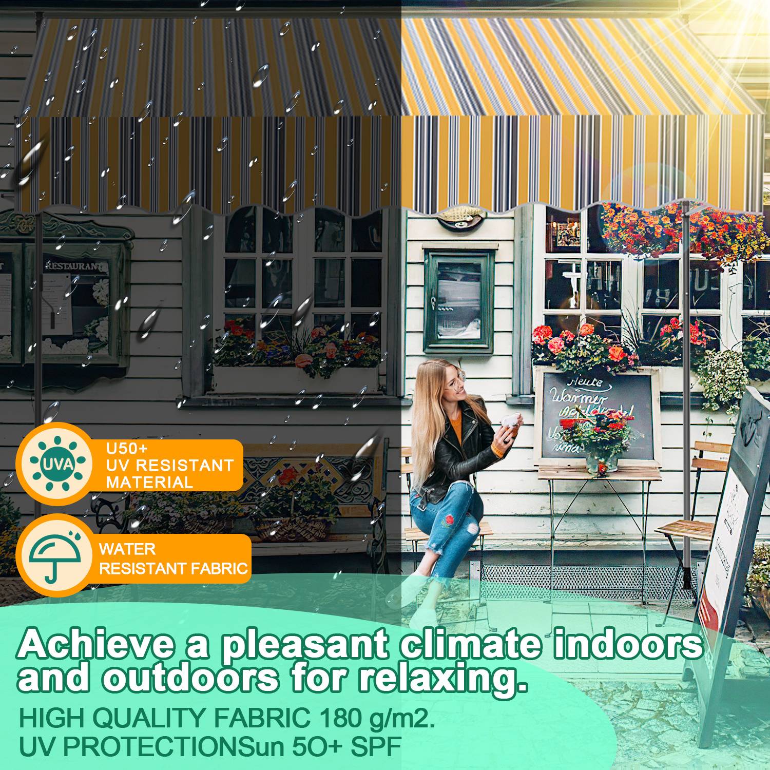 „Frau sitzt im Freien-Café unter gestreifter Markise. Zeichen: UVA-Schutz, wasserfestes Material. Text: Schaffen Sie ein angenehmes Klima innen und außen zum Entspannen.