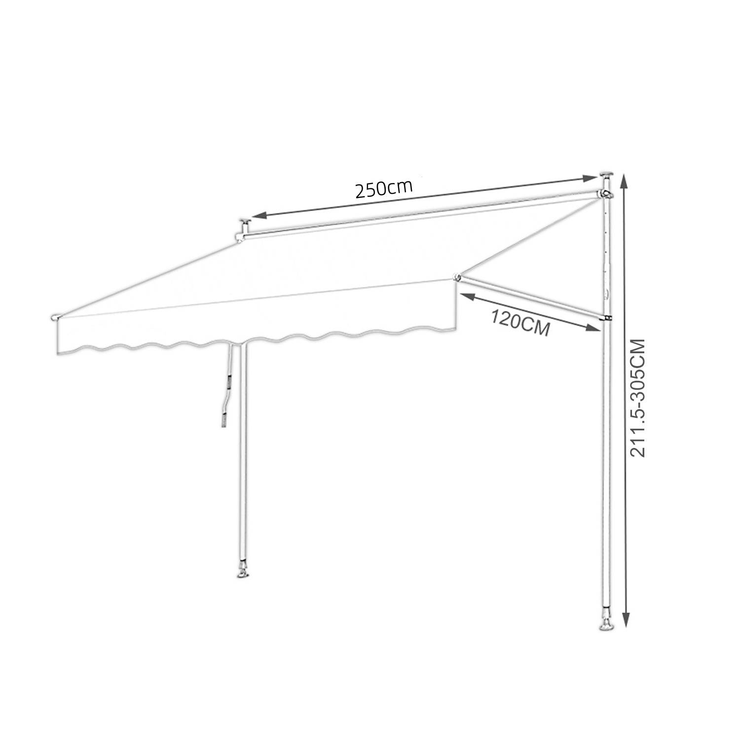 Diagramm einer ausfahrbaren Markise mit Abmessungen: 250 cm Breite, 120 cm Ausfall, verstellbare Höhe zwischen 211,5 cm und 305 cm.