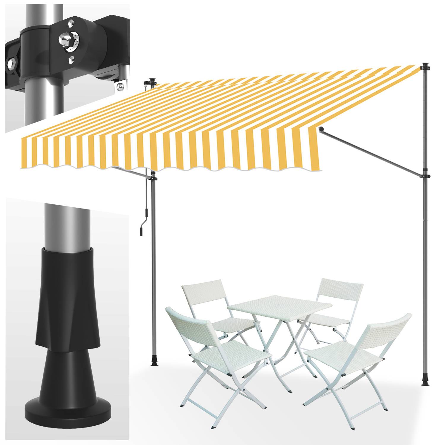 Gestreifter gelb-weißer Sonnenschirm auf Pfosten über einem weißen Patioesstisch mit vier Stühlen. Nahaufnahmen des Befestigungsmechanismus und der Basis.
